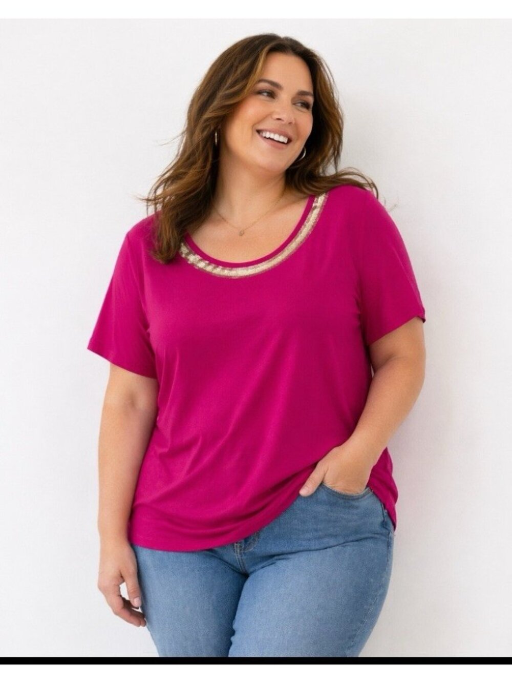 Catherines Womens Knit Top Sz 1X 18 /20W Pink Shirt Sequins Basic Essential